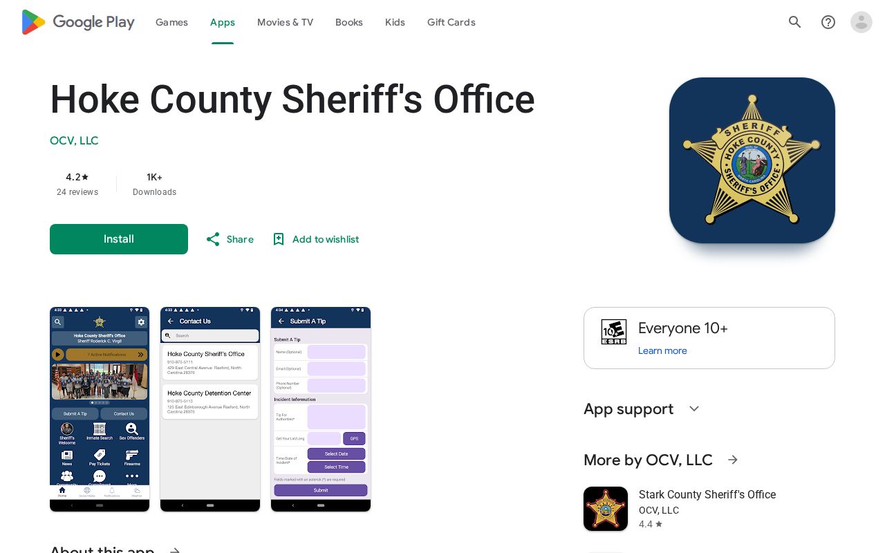 Official Hoke County Sheriff app listing with inmate search description
